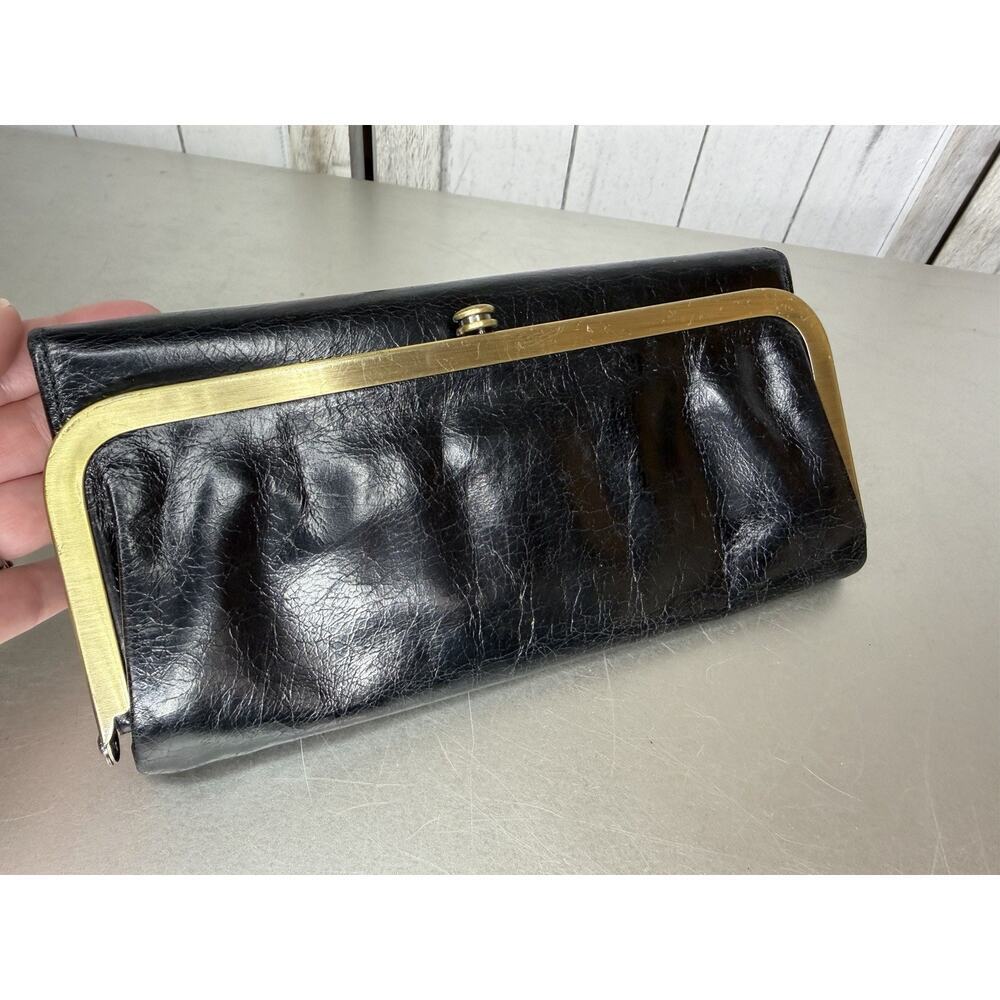 HOBO RACHEL Black Leather Wallet with Gold Accent Logo Foldable Magnetic